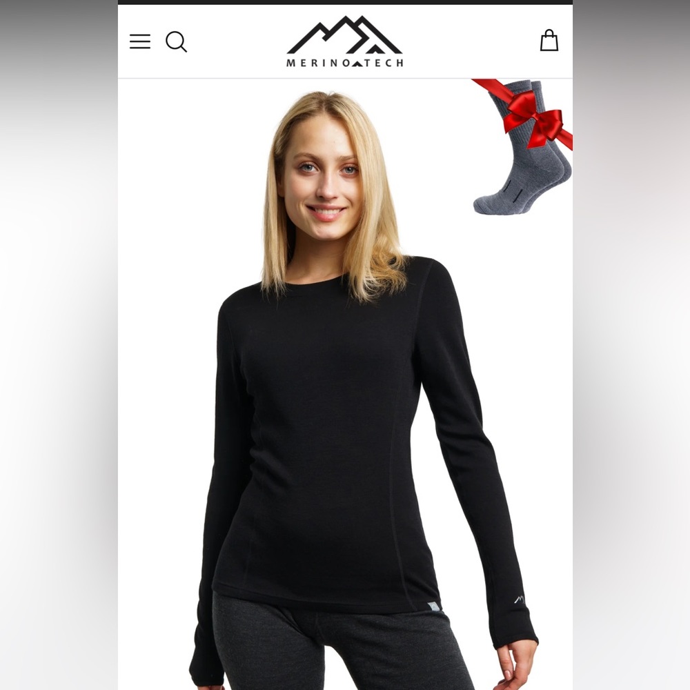 Merino Tech, base layer top, women’s medium, black,shirt & sox,100% merino wool